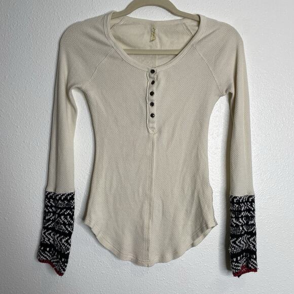 Free People Alpine Cuff Thermal Top XS Waffle Henley Ivory Nordic Ski Boho Hygge - Picture 1 of 3